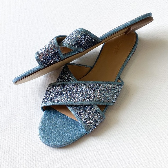 NWT, J Crew Blue Glitter Cora Crisscross Sandals, Size 10.5 - Picture 4 of 9